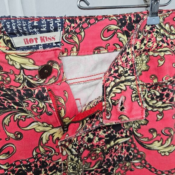 Hot Kiss Skinny Lily Pink Yellow Baroque Leopard Chain Print Jeans Retro Y2K 9 - Picture 6 of 16